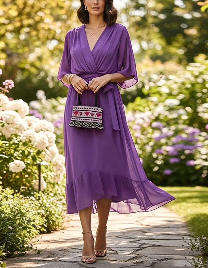 Solid Color V-Neck Ruffled Chiffon Midi Dress