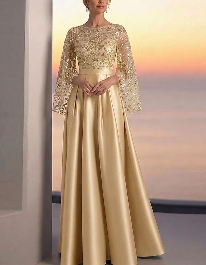 Solid Color Satin Gold Sequins Maxi Dress