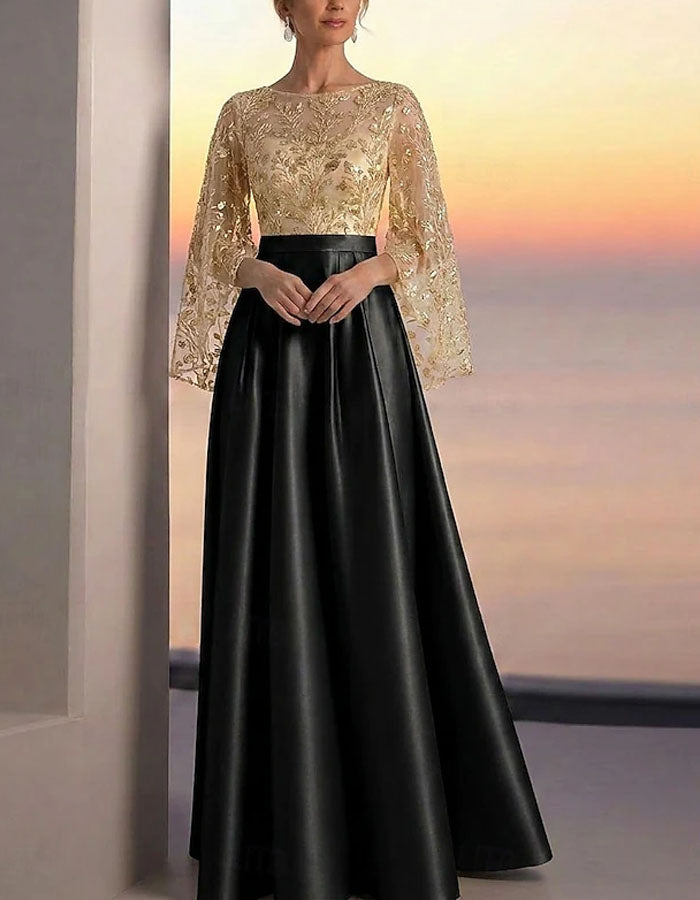Solid Color Satin Gold Sequins Maxi Dress