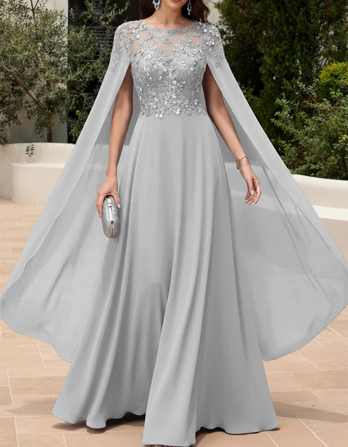 Dusty Blue Illusion Neck Lace & Chiffon Cape Maxi Dress