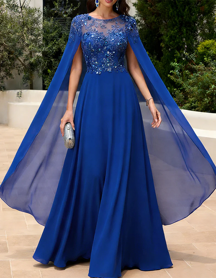 Dusty Blue Illusion Neck Lace & Chiffon Cape Maxi Dress