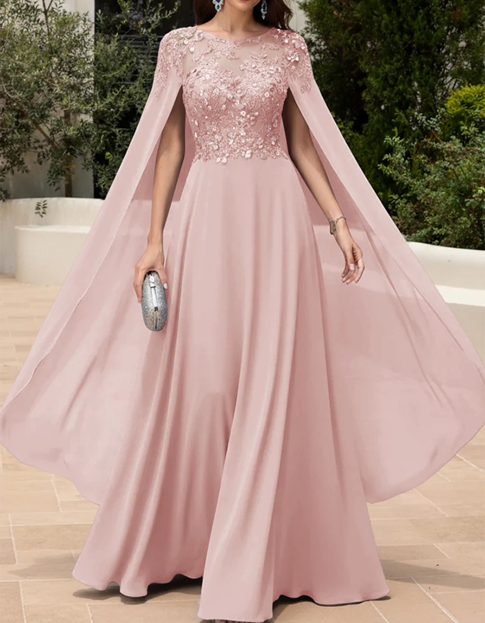 Dusty Blue Illusion Neck Lace & Chiffon Cape Maxi Dress