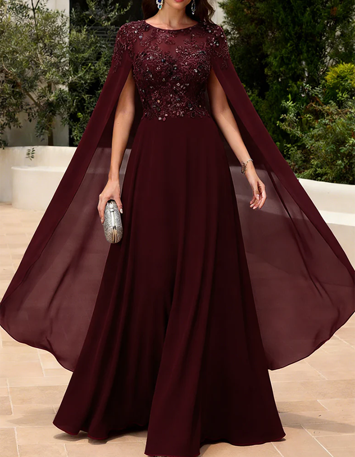 Dusty Blue Illusion Neck Lace & Chiffon Cape Maxi Dress