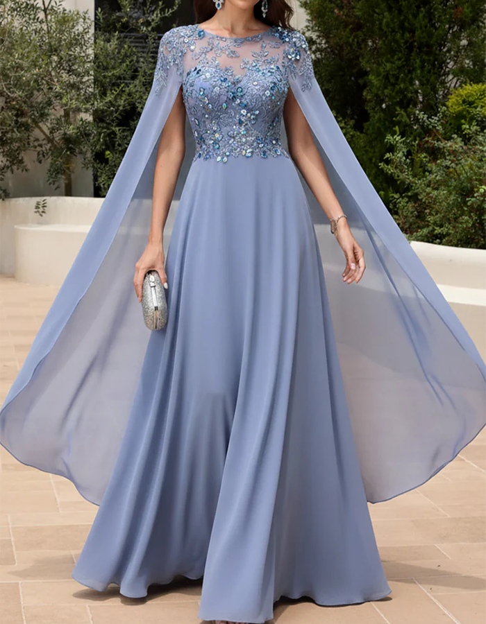 Dusty Blue Illusion Neck Lace & Chiffon Cape Maxi Dress