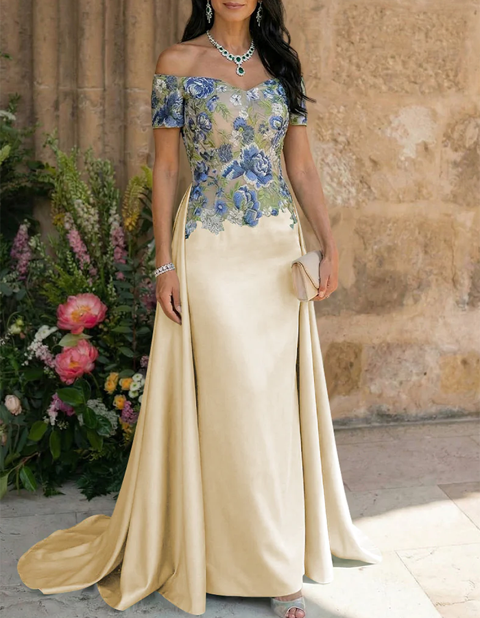 Sage Green Floral Embroidered Off-the-Shoulder Mermaid Maxi Dress