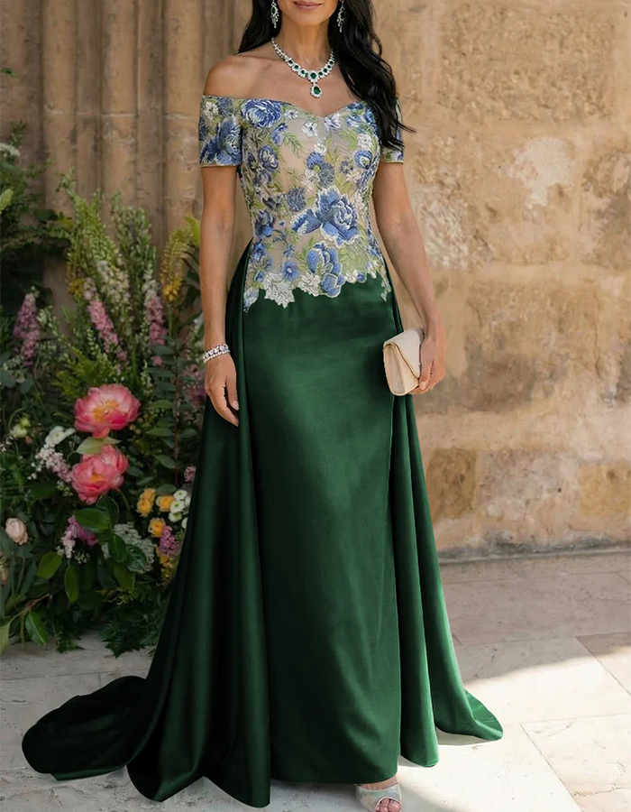 Sage Green Floral Embroidered Off-the-Shoulder Mermaid Maxi Dress