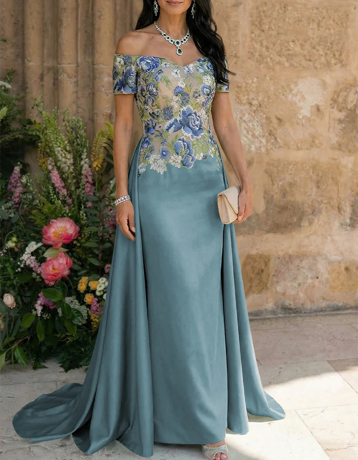 Sage Green Floral Embroidered Off-the-Shoulder Mermaid Maxi Dress