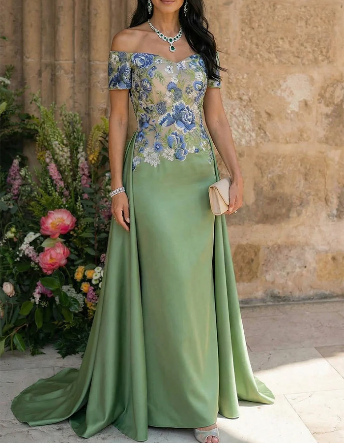 Sage Green Floral Embroidered Off-the-Shoulder Mermaid Maxi Dress