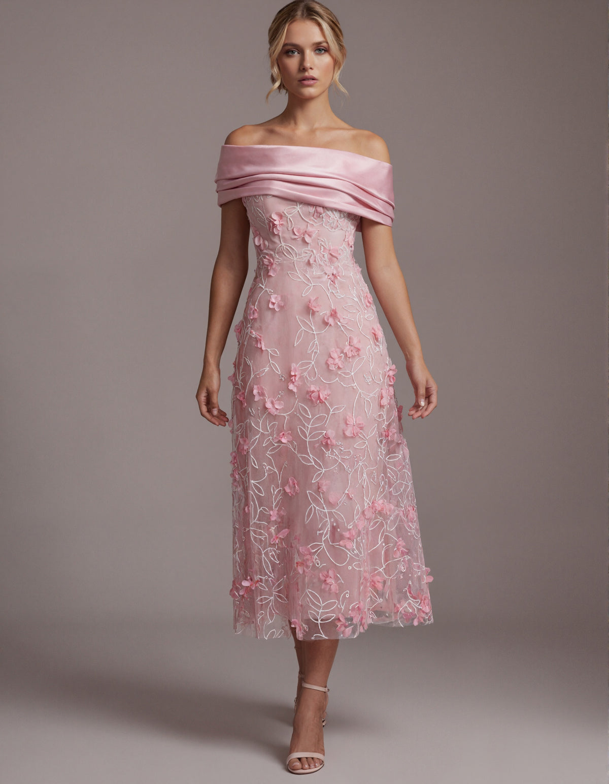 Pink Off Shoulder 3d Floral Tulle Maxi Dress