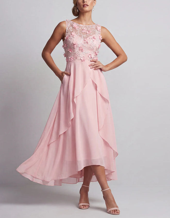 Pink Floral Appliqué Chiffon High And Low Hem Midi Dress