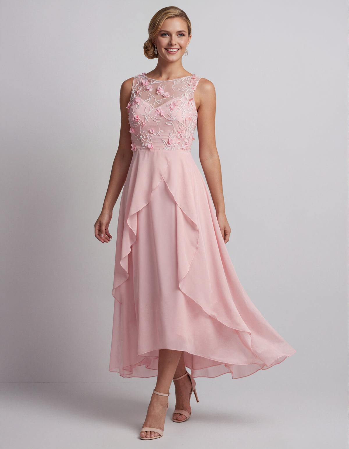 Pink Floral Appliqué Chiffon High And Low Hem Midi Dress