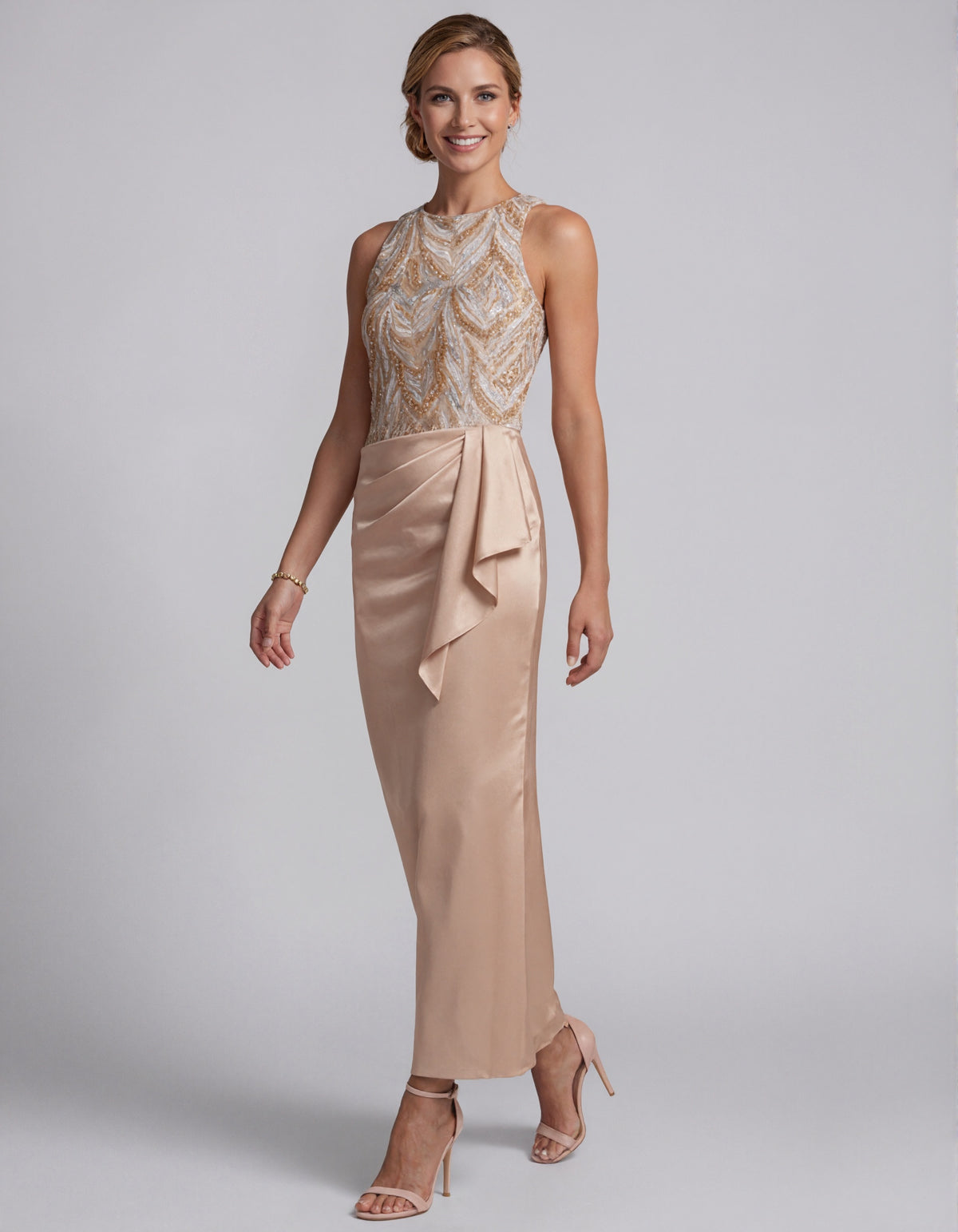 Champagne Satin Sequins Maxi Dress
