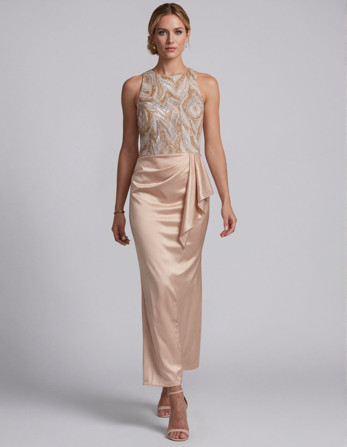 Champagne Satin Sequins Maxi Dress