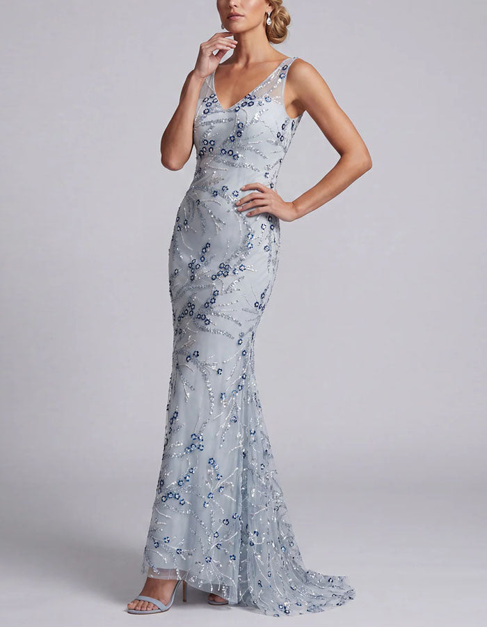Light Blue Floral Sequined Tulle Maxi Dress