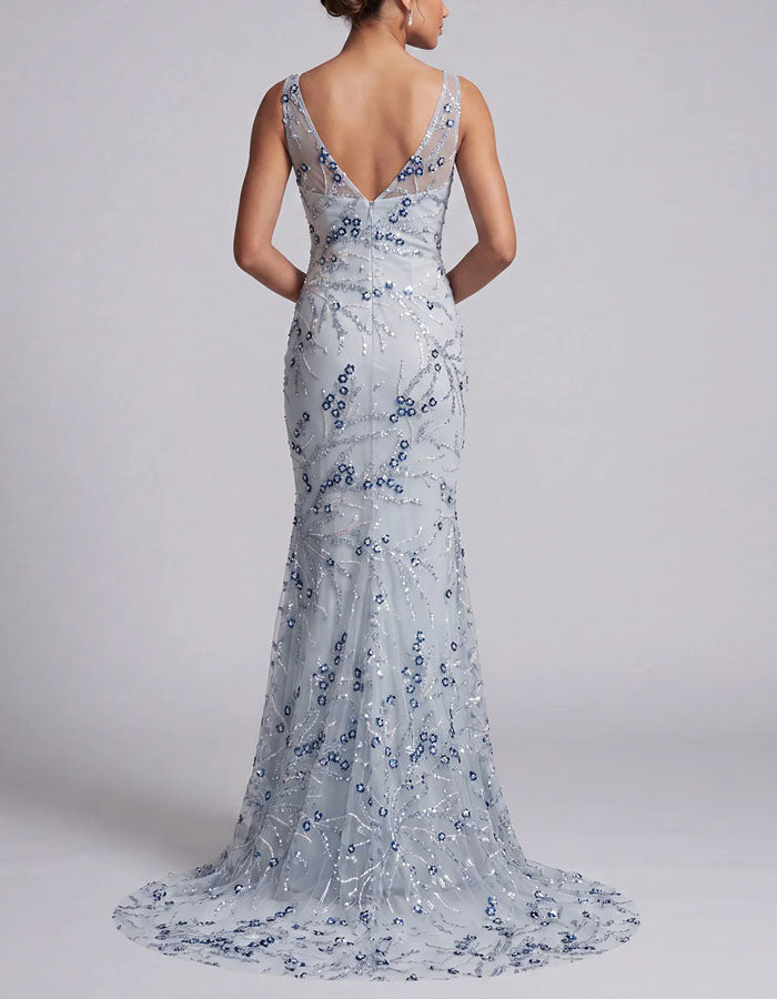 Light Blue Floral Sequined Tulle Maxi Dress