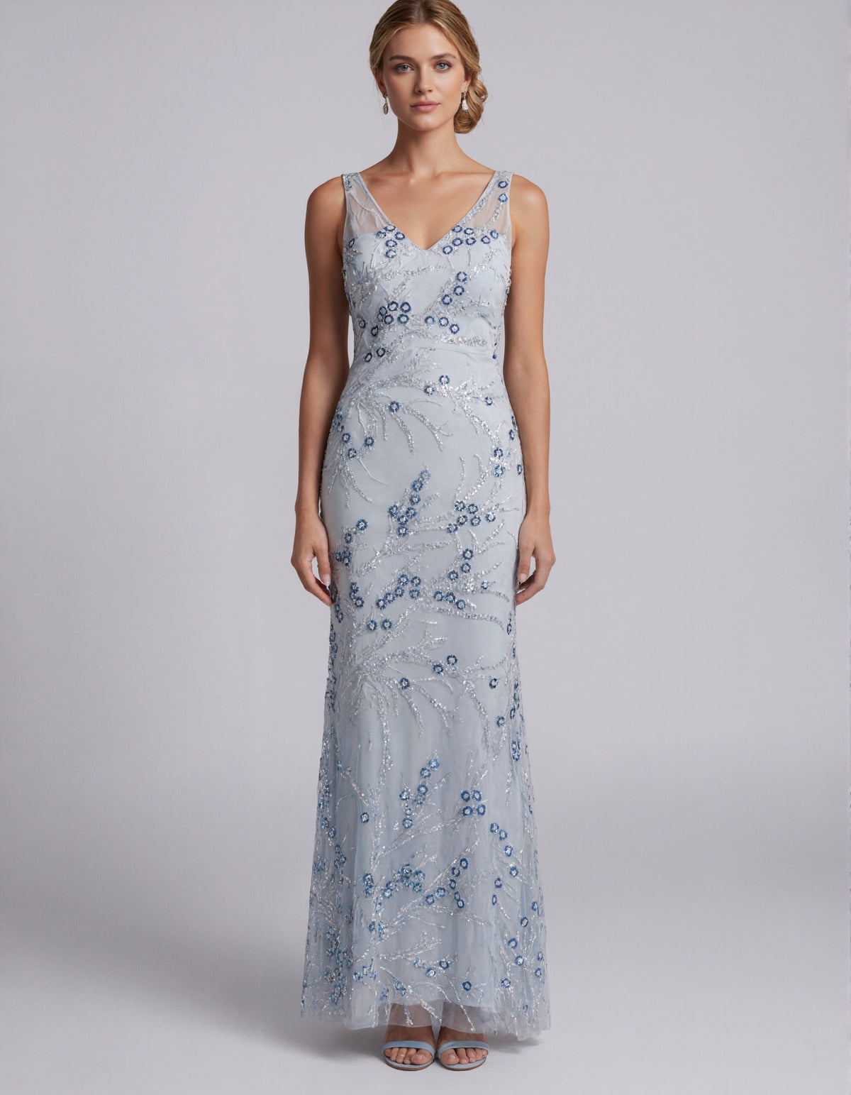 Light Blue Floral Sequined Tulle Maxi Dress