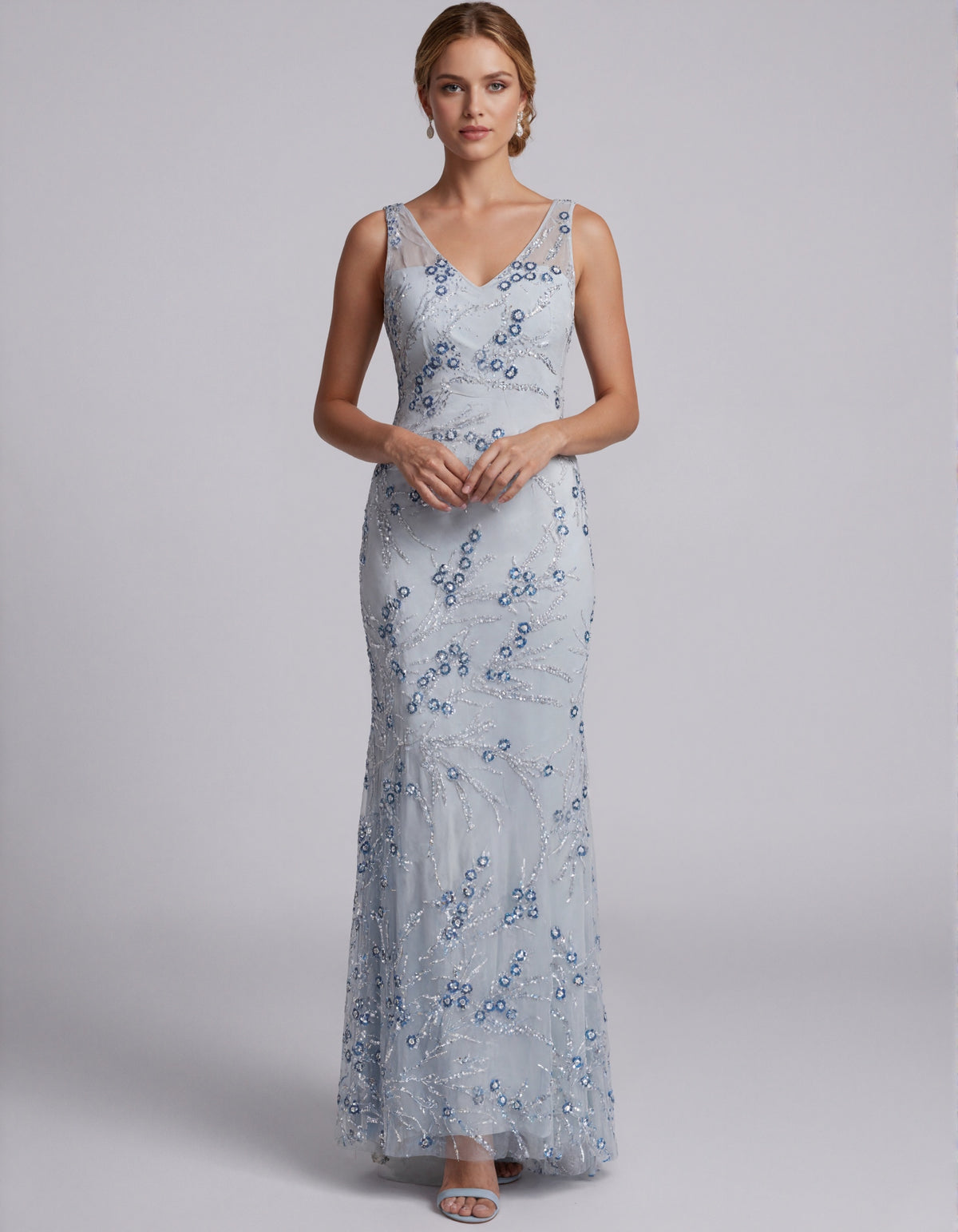 Light Blue Floral Sequined Tulle Maxi Dress
