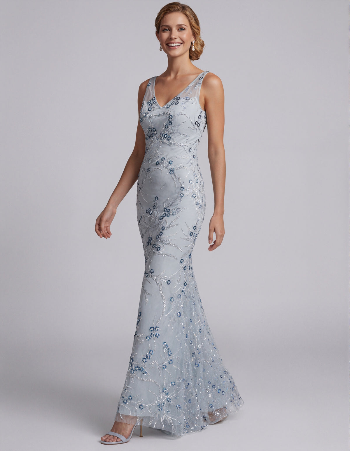 Light Blue Floral Sequined Tulle Maxi Dress