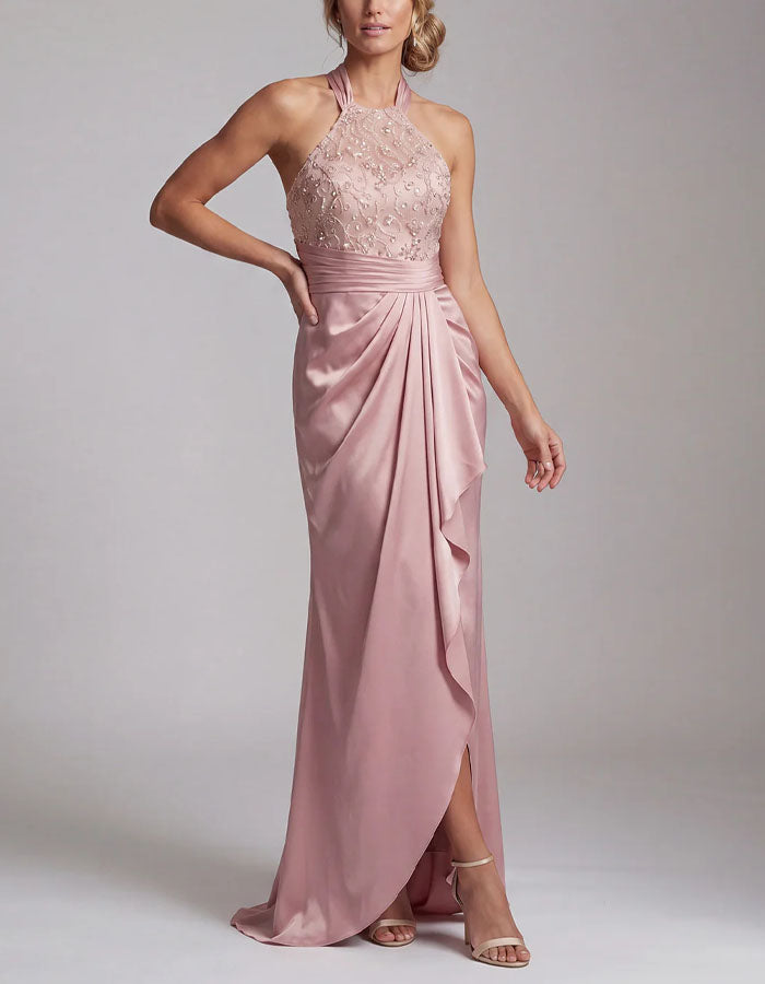 Pink Backless Sequined Satin Hem Maxi Dress