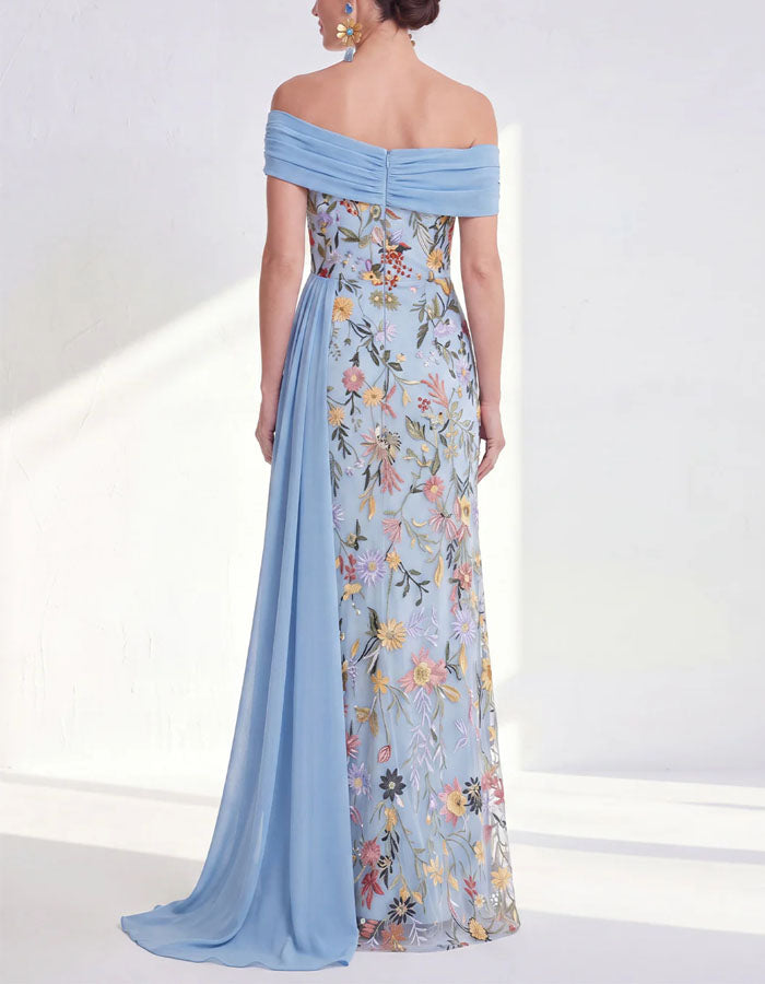 Solid Color Off Shoulder Floral Embroidered Tulle Maxi Dress