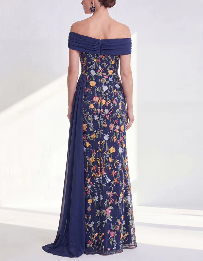 Solid Color Off Shoulder Floral Embroidered Tulle Maxi Dress
