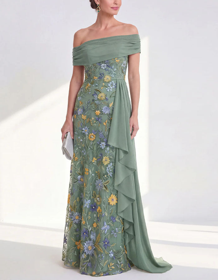 Solid Color Off Shoulder Floral Embroidered Tulle Maxi Dress