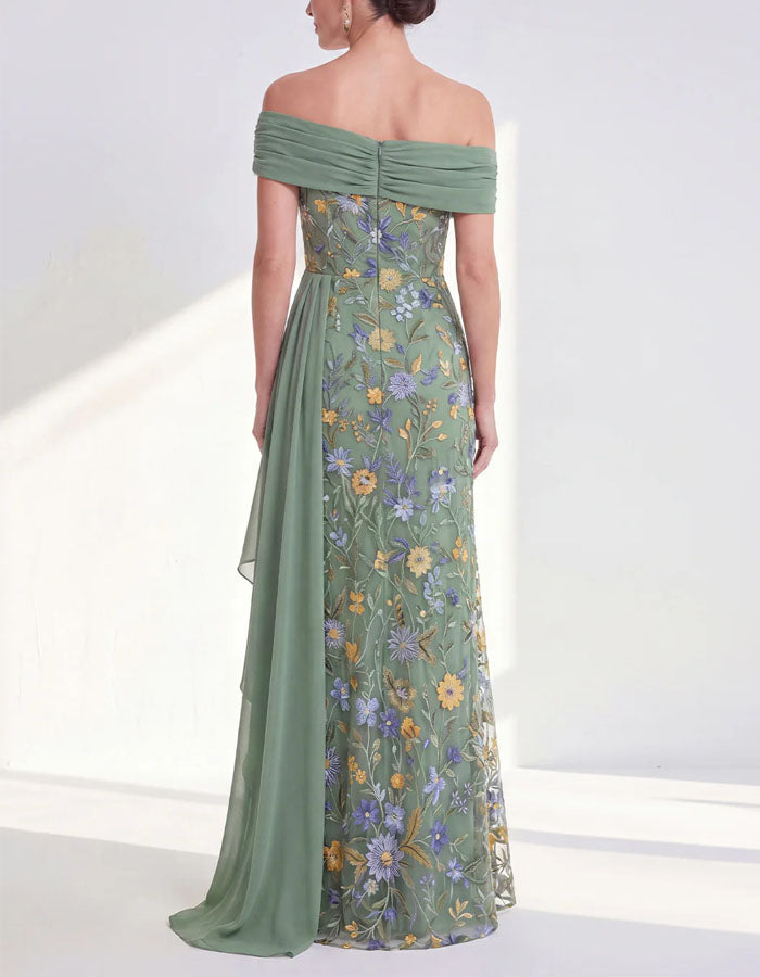 Solid Color Off Shoulder Floral Embroidered Tulle Maxi Dress