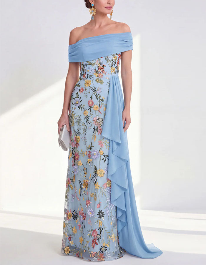Solid Color Off Shoulder Floral Embroidered Tulle Maxi Dress