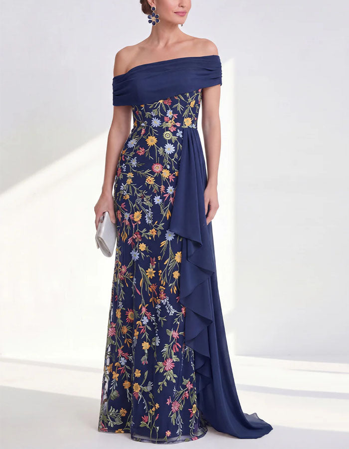 Solid Color Off Shoulder Floral Embroidered Tulle Maxi Dress