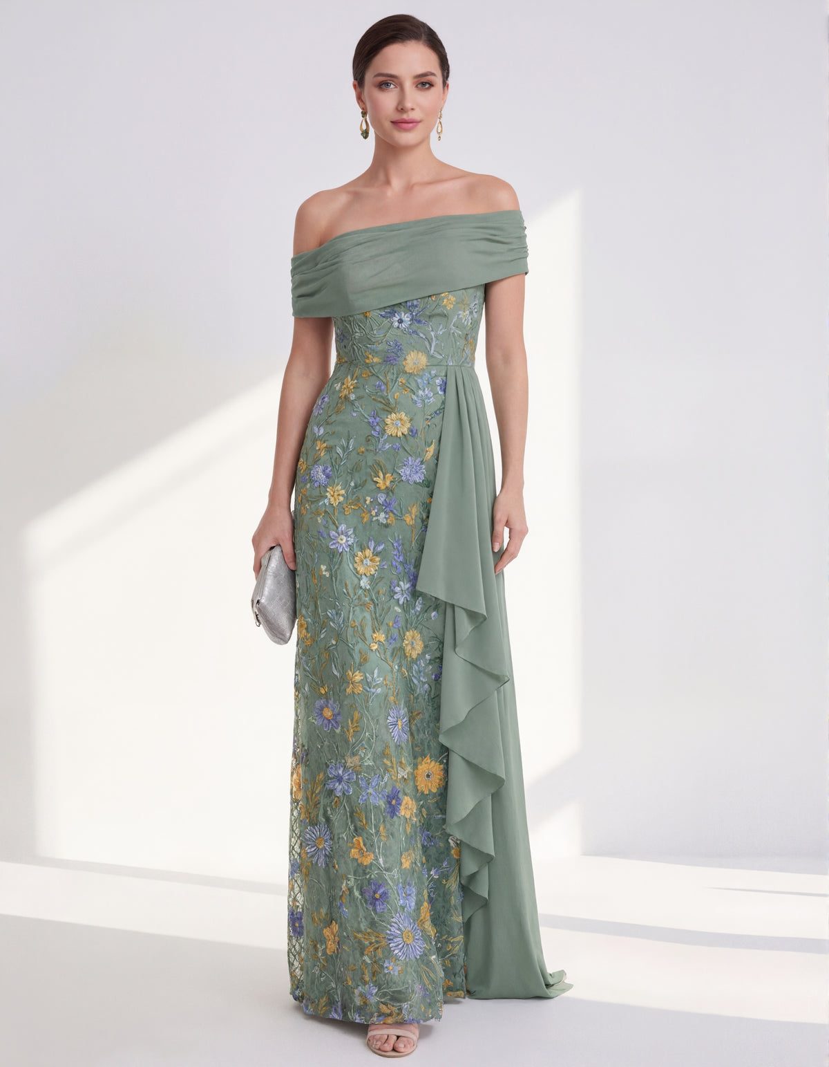 Solid Color Off Shoulder Floral Embroidered Tulle Maxi Dress