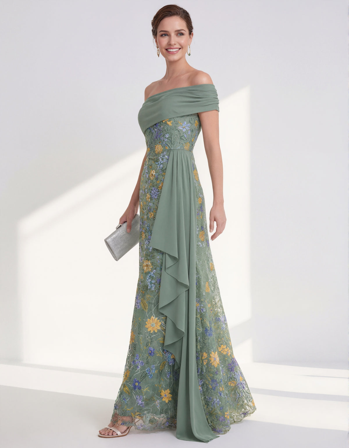 Solid Color Off Shoulder Floral Embroidered Tulle Maxi Dress