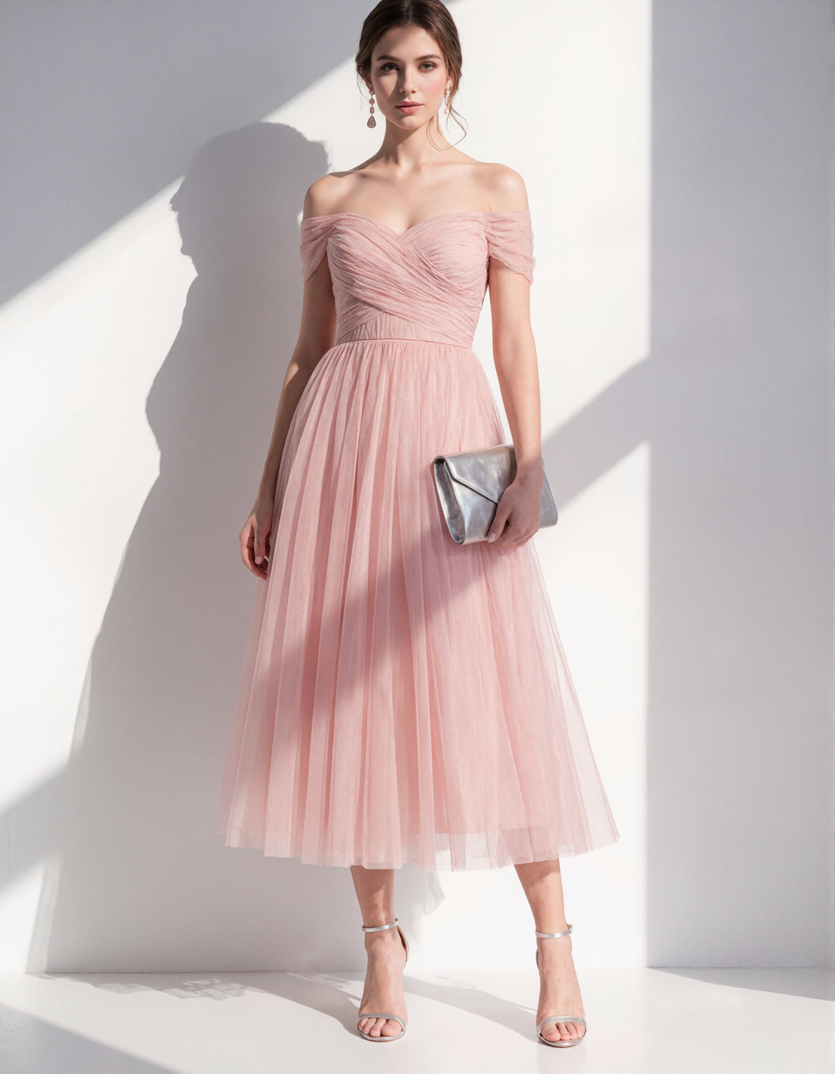 Pink Off Shoulder Tulle Midi Dress