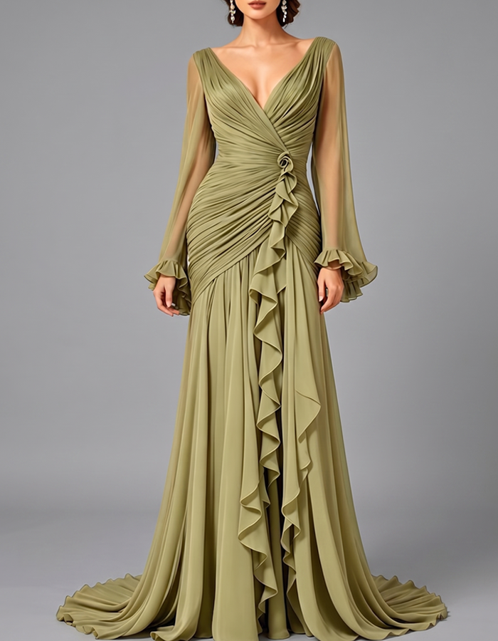 Olive Green Pleated Chiffon Maxi Dress
