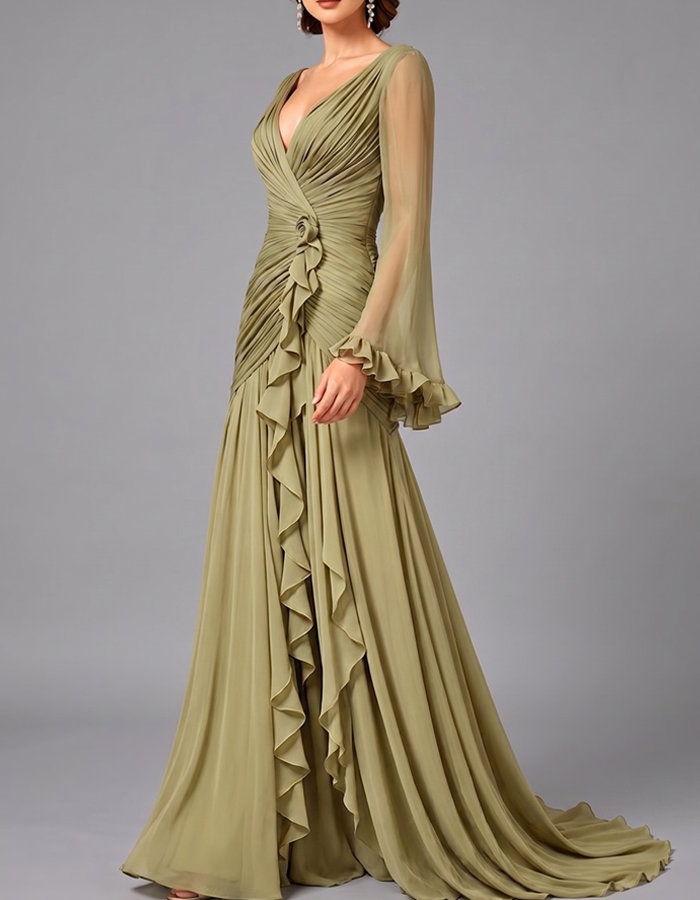 Olive Green Pleated Chiffon Maxi Dress