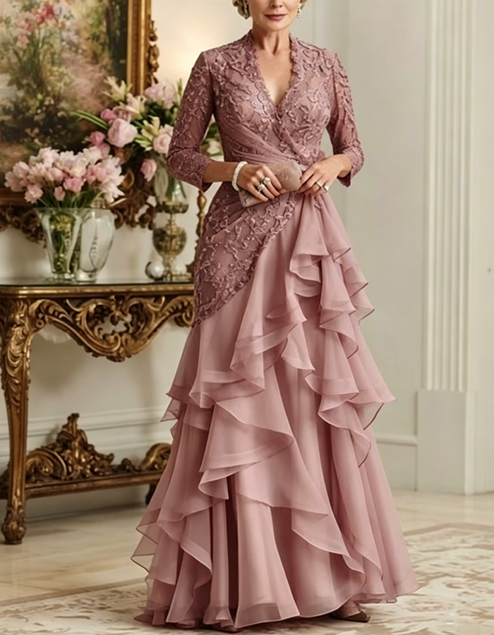 Grey Pink Lace Chiffon Layered Maxi Dress