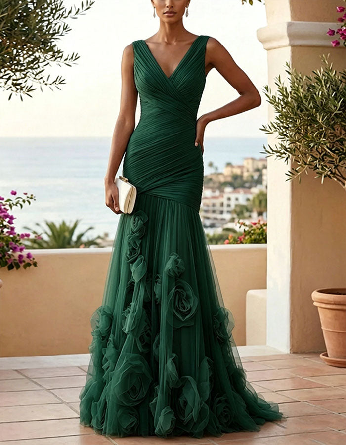 Vestido largo de malla con cuello en V y rosa 3D de color liso