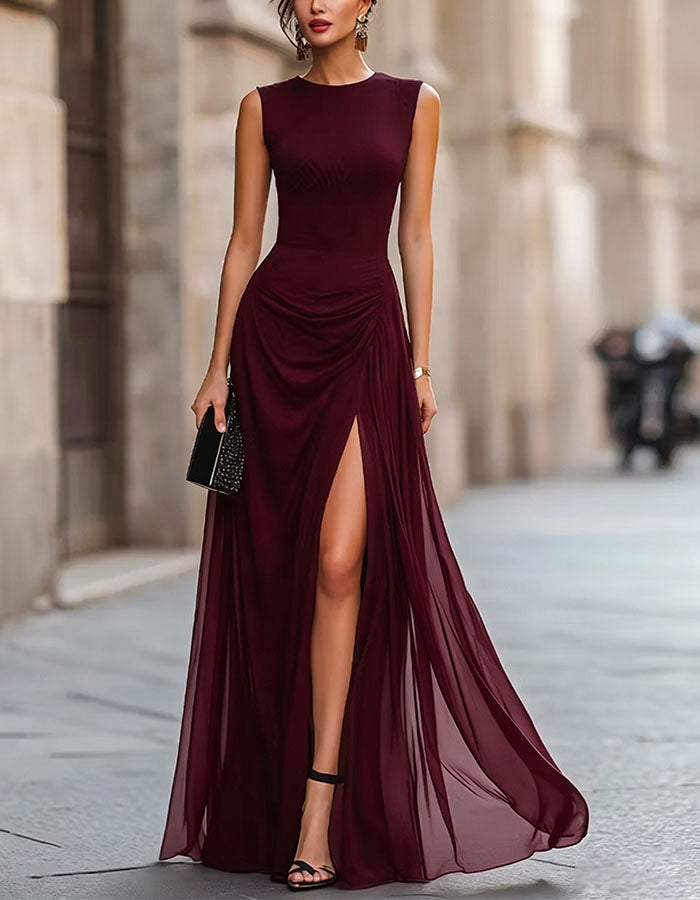 Pure Black Chiffon Round Neck Sleeveless Fitted Waist Slit Maxi Dress
