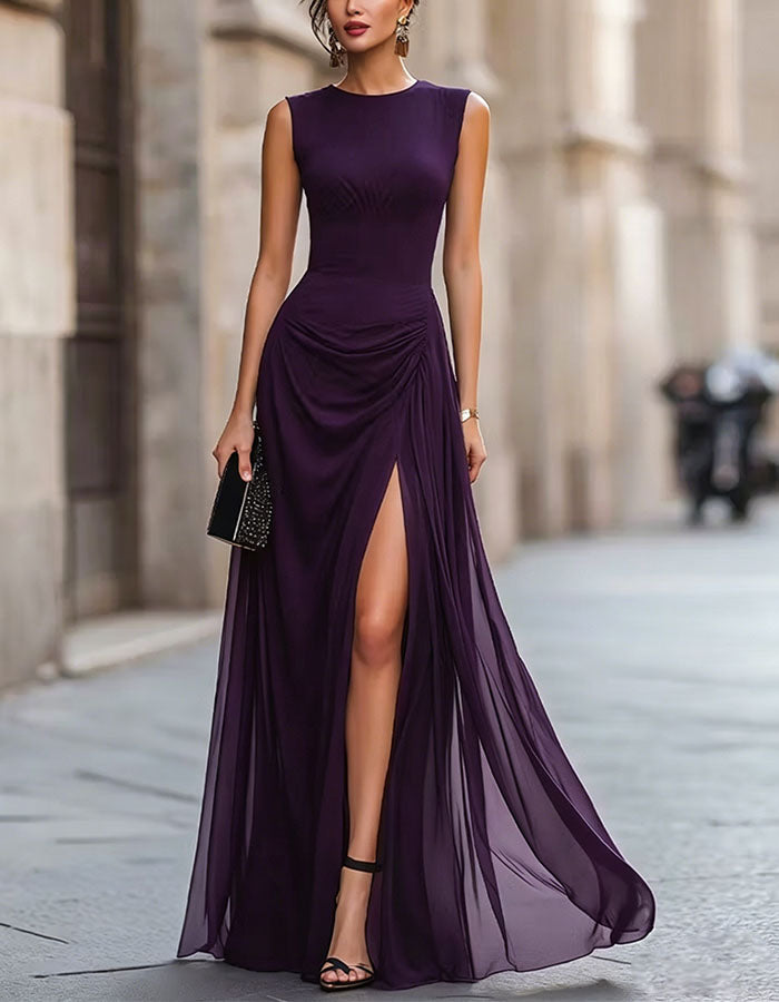 Pure Black Chiffon Round Neck Sleeveless Fitted Waist Slit Maxi Dress