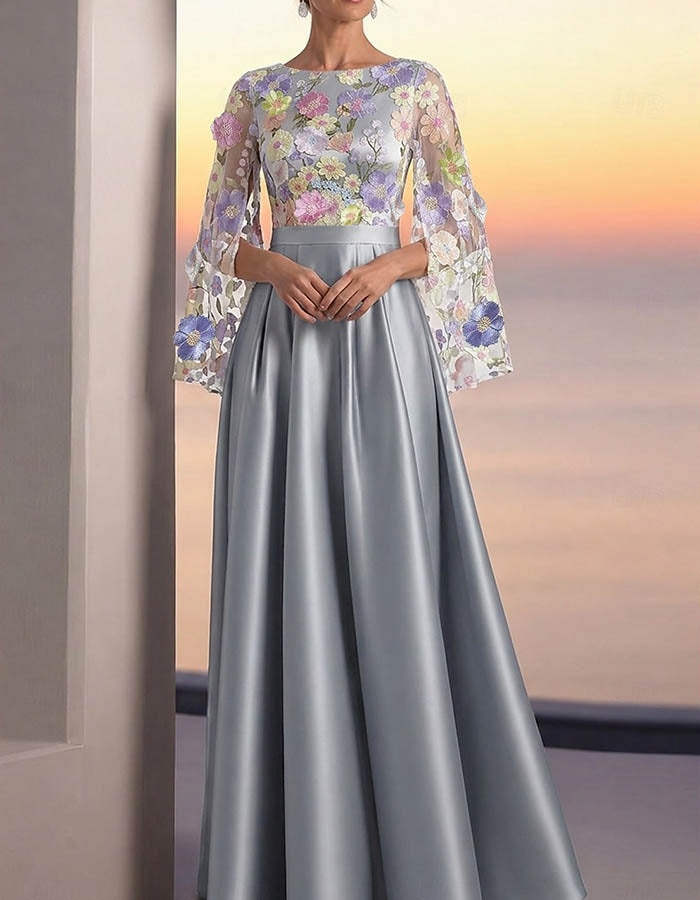 Silver Floral Satin Round Neck Maxi Dress