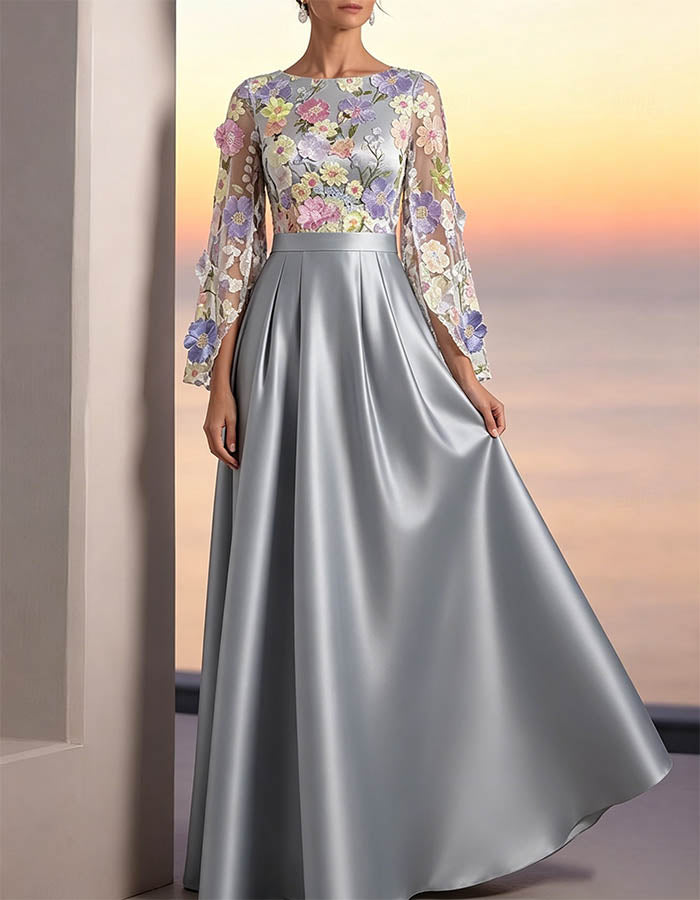 Silver Floral Satin Round Neck Maxi Dress