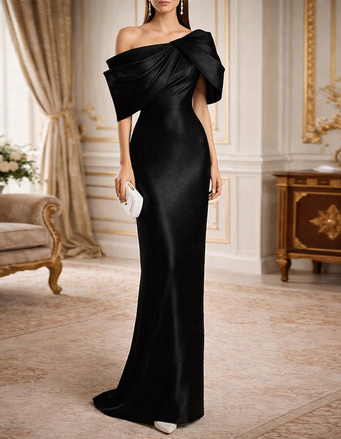 Solid Color Metallic Satin Off Shoulder Maxi Dress