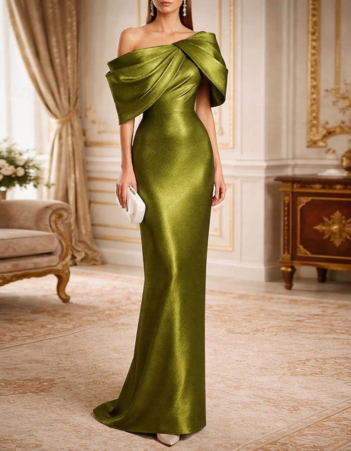 Solid Color Metallic Satin Off Shoulder Maxi Dress
