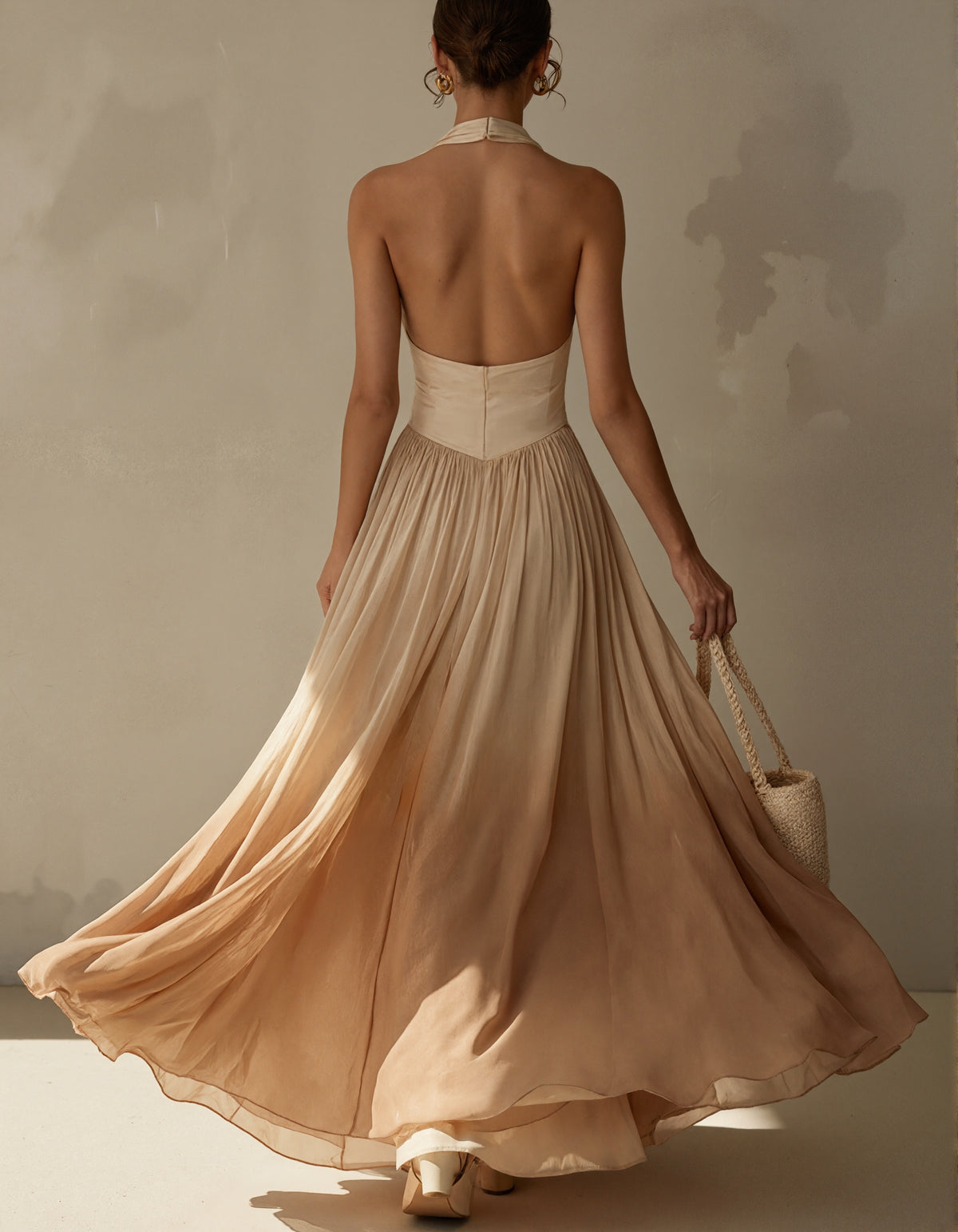Beige Chiffon Halter Neck Ruched Bodice Maxi Dress