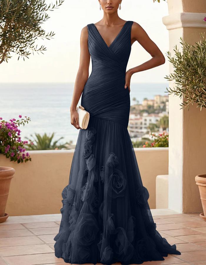 Vestido largo de malla con cuello en V y rosa 3D de color liso