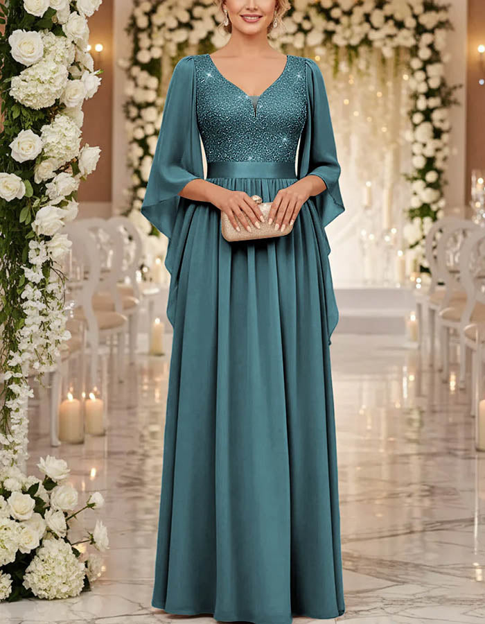 V-Neck with Capelet Sleeves Chiffon Maxi Dress