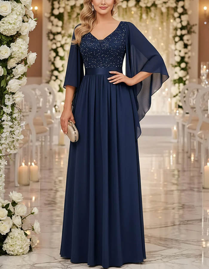 V-Neck with Capelet Sleeves Chiffon Maxi Dress