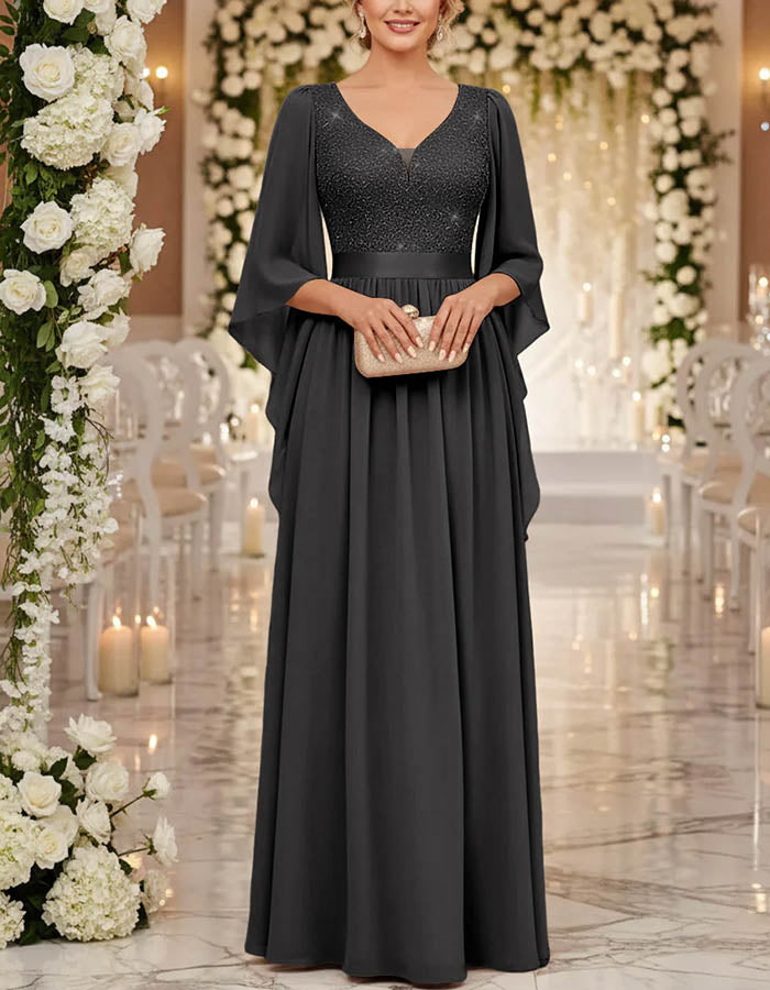 V-Neck with Capelet Sleeves Chiffon Maxi Dress