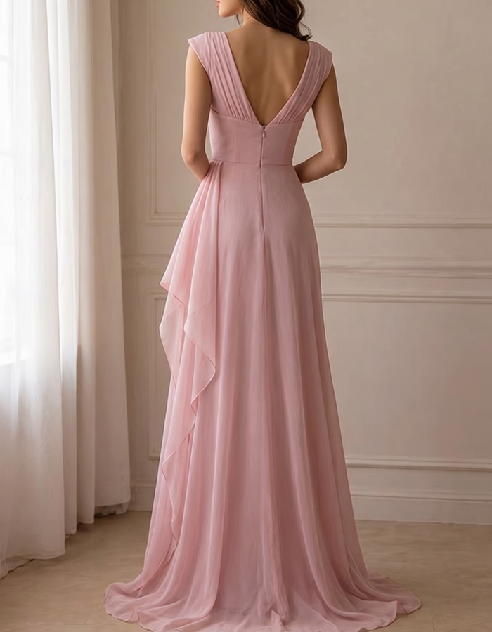 Pale Pink Chiffon Draped Maxi Dress