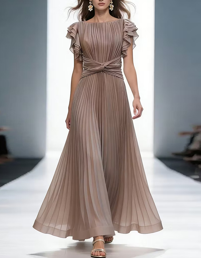 Taupe Pleated Chiffon Maxi Dress