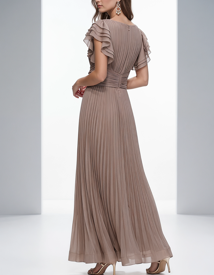 Taupe Pleated Chiffon Maxi Dress